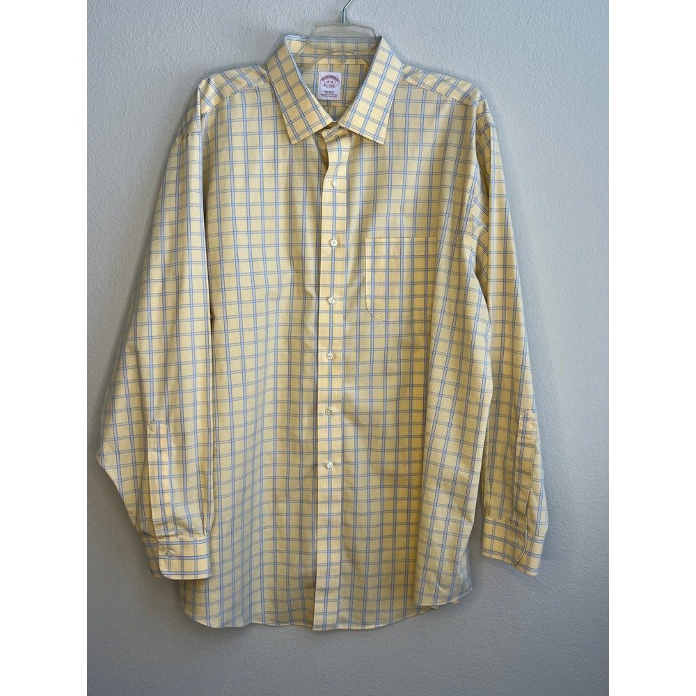 Brooks Brothers Non-Iron Supima Cotton Plaid Shirt Mens 18-36 Regular Fit Yellow